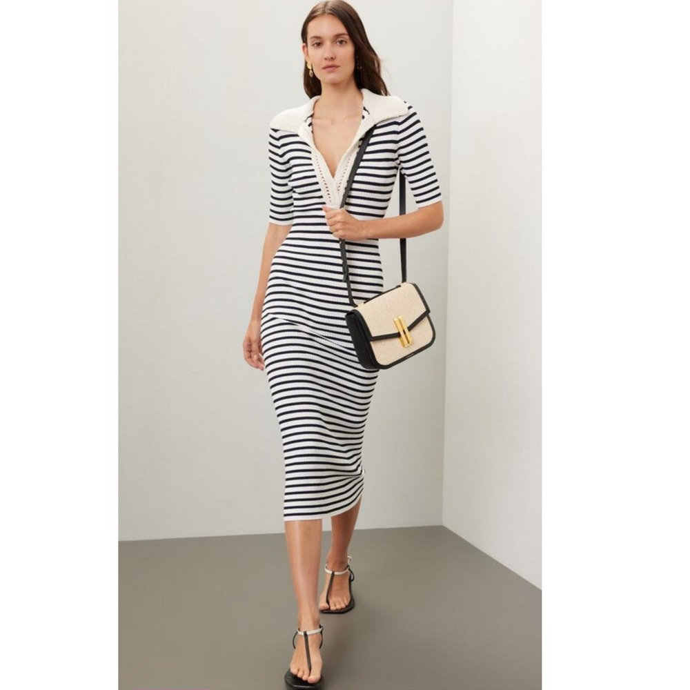 A.L.C. Black White Stripe Knit Collared Polo Striped Midi Darcy Dress Size XS - Picture 1 of 12